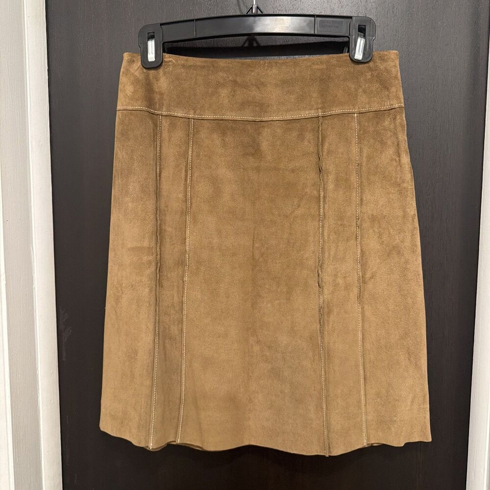 Ann Taylor Suede Leather Skirt Brown 2P Knee Length Fall Capsule Y2K Vintage